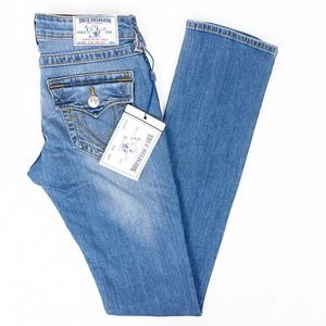 True Religion Slim Straight Leg Womens Jeans Flap Pockets Medium Wash Size 26/35